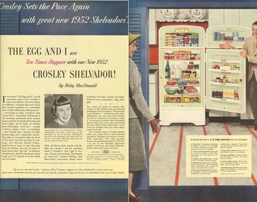 scan of crosley shelvador advertisement blue, gray background with art and quote from betty