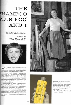 This is a scan of a magazine ad from the early 1950s showing Betty MacDonald descending a staircase and other images.